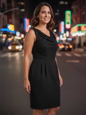 Jessica Black Lace Cowl Neck Sleeveless Pleated LBD Cocktail Dress Size 14